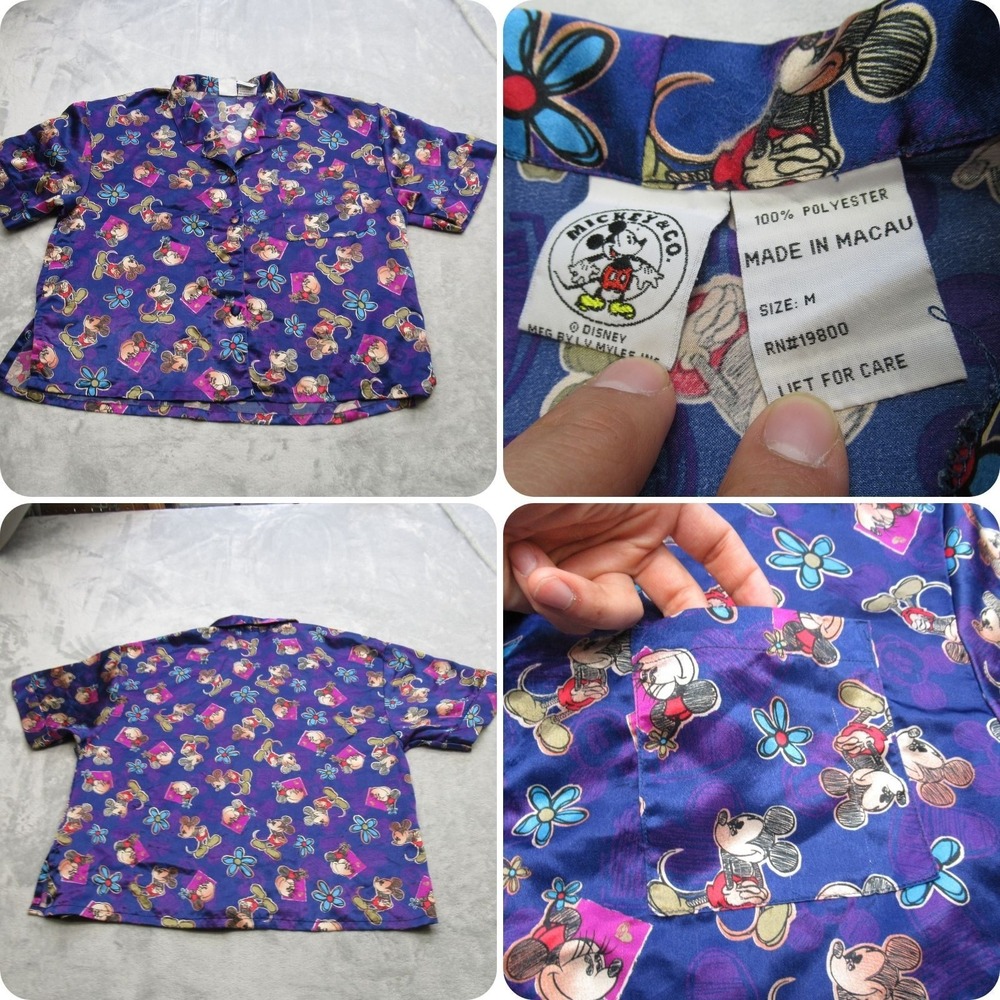 Vintage Mickey & Co Sleepwear Shirt Womens Medium Purple‎ AOP Pajama 80s 90s